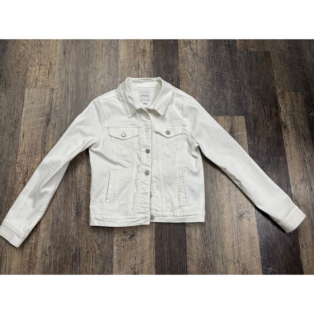 JUSTUSA Womens White Distressed Denim Jacket Size S Button Front‎ Jean Jacket